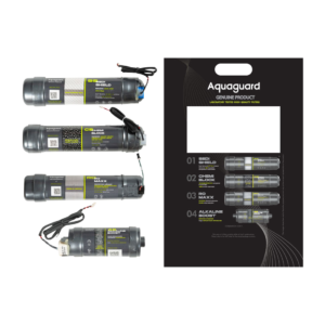 Aquaguard genuine 4-stage replacement filter kit showing Sedi Shield, Chemi Block, RO Maxx, and Alkaline Boost cartridges with packaging.