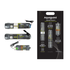 Genuine Aquaguard UV water purifier replacement kit featuring sediment, carbon, and active copper filters.